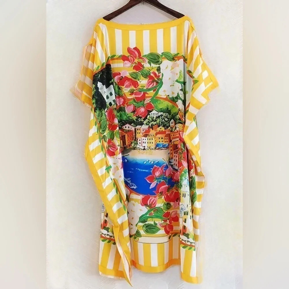 Portofino Riviera Tropical Pattern Oversized Casual Midi Dress - Picture 5 of 16